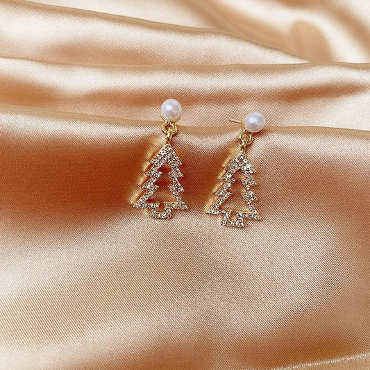 925 silver earrings with pearl, rhinestones and Christmas tree gold silver