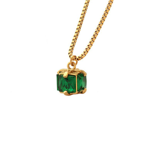 Oriental gold plated green crystal cube necklace with chain