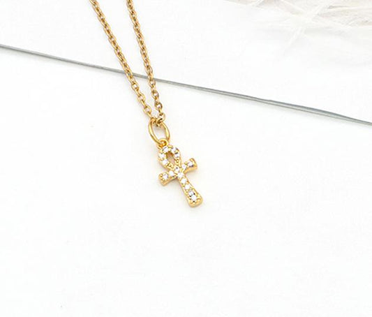 Necklace with beautiful small cross in gold and rhinestones long chain