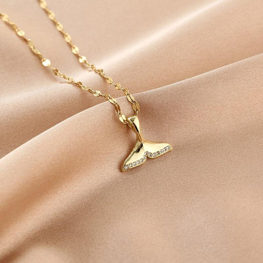 Gold plated necklace chain with fish fin gold rhinestone fish tail