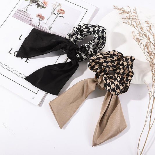 SET 2 pcs trendy Scrunchies bow checkered fabric elastic tassels brown black