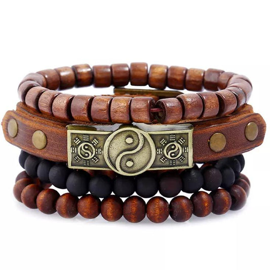 Set of 4 bracelets yin yang wooden beads leather metal